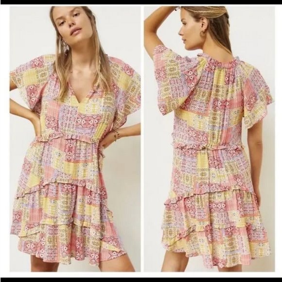 Anthropologie Robin Tiered Mini Dress Patchwork Pink Combo Pattern Size XS - Picture 1 of 11